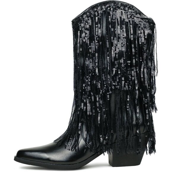 Women's Black Leather Like Thick Heeled Tassels & Sequins Pointed Booties - Picture 1 of 6